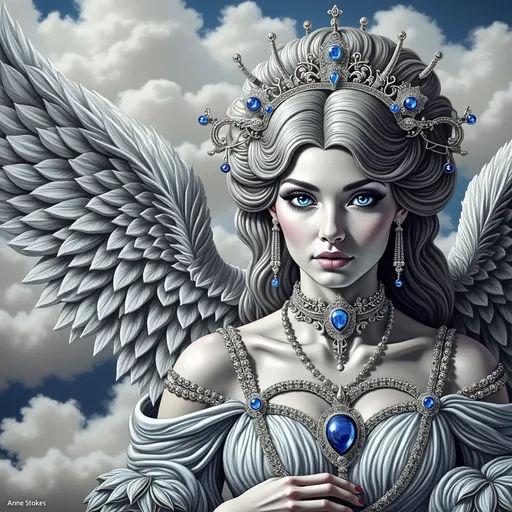 Prompt: a woman with blue eyes and wings on her face and chest, with a blue necklace and blue eyes, Anne Stokes, gothic art, highly detailed digital painting, a detailed painting