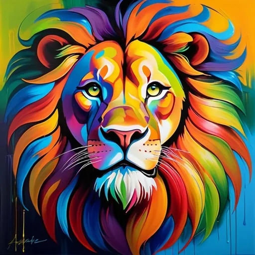 Prompt: Majestic lion with exaggerated features, vibrant and bold brushstrokes, dreamlike atmosphere, high quality, abstract surrealism painting, surrealism, vibrant colors, abstract art, vivid colors, bold brushstrokes, dreamlike, majestic lion