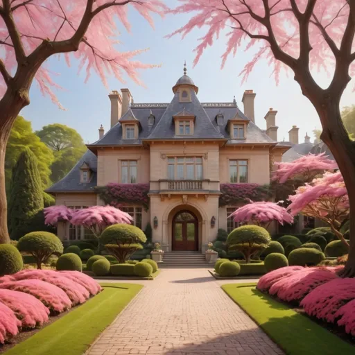 Prompt: Bathed in the soft glow of early morning light, a lavish estate stands elegantly in the background, framed by vibrant pink flowering trees and lush greenery. A winding stone pathway leads the viewer through meticulously manicured gardens, bursting with clusters of blooming pink flowers that create a striking contrast against the manicured lawn. The grand façade of the building, adorned with ornate architectural details and white pillars, reflects a sense of opulence and tranquility, inviting exploration into its luxurious interior. The overall composition radiates a serene and enchanting atmosphere, evoking feelings of peace and admiration for the natural beauty intertwined with human craftsmanship.