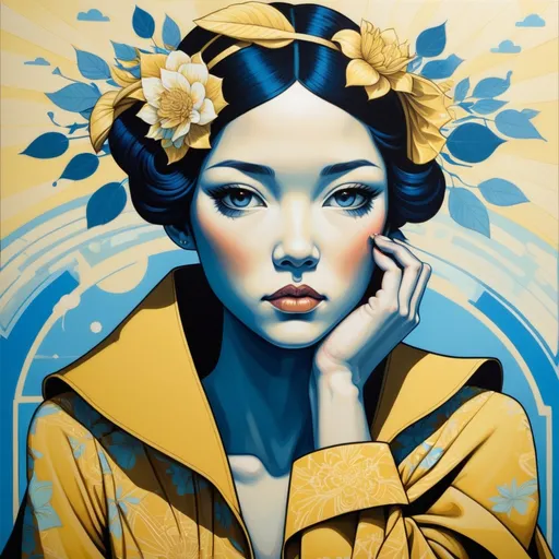 Prompt: a painting of a woman with a headpiece on her head and a yellow dress on her shoulders, with a blue background, Audrey Kawasaki, art deco, tristan eaton, an art deco painting