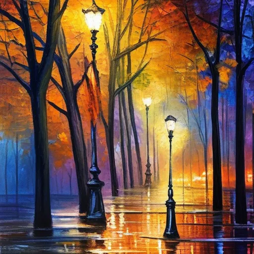 Prompt: a painting of a street light and trees in the rain at sunset with a cityscape in the background, Alena Aenami, american scene painting, intricate oil painting, a fine art painting