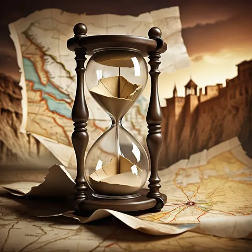 Prompt: an old fashioned hourglass with a torn piece of map the background .Dirk Crabeth, new objectivity, highly detailed digital art, a detailed matte painting