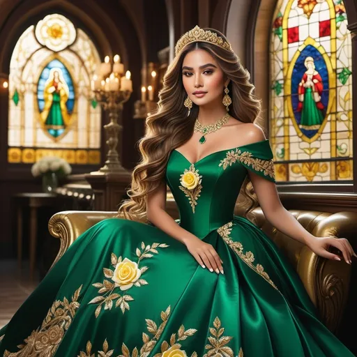 Prompt: In a stunning display of elegance, a woman sits gracefully in a lavish green gown adorned with intricate gold embroidery and emerald accents, capturing attention with her poised demeanor. Her long, flowing hair cascades in soft curls, framed by a delicate rose accessory, while her sparkling jewelry accentuates her refined beauty. Behind her, the vibrant stained glass windows filter warm sunlight, casting a radiant glow around her and illuminating the lush yellow roses that frame the scene. The composition draws the eye to her serene expression, evoking a sense of regality and charm, set against the backdrop of a romantic and whimsical atmosphere. With rich colors and a harmonious blend of natural and decorative elements, the image conveys a story of grace and timeless beauty.