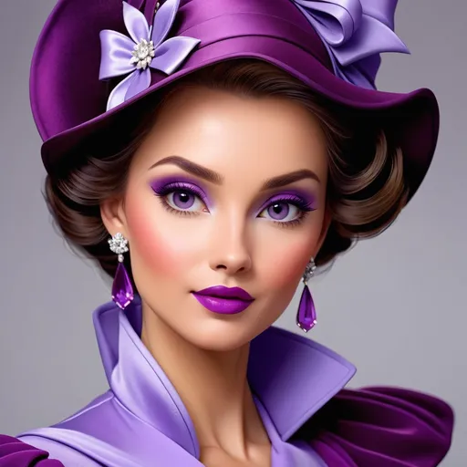 Prompt: lady in purple high class attire, facial closeup