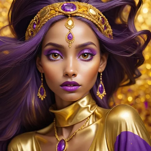 Prompt: Woman in colors of gold and purple