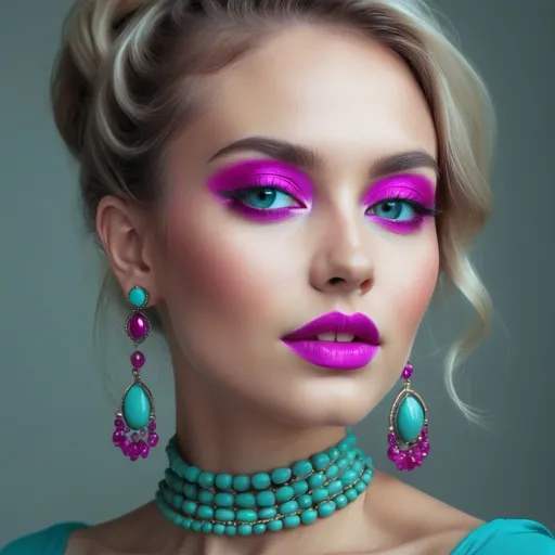 Prompt: A beautiful woman in colors of turquoise and magenta