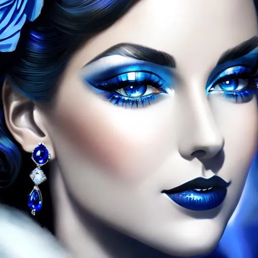 Prompt: Glamorously dressed lady of rhe 1930's wearing sapphire jewelry,blue eyes