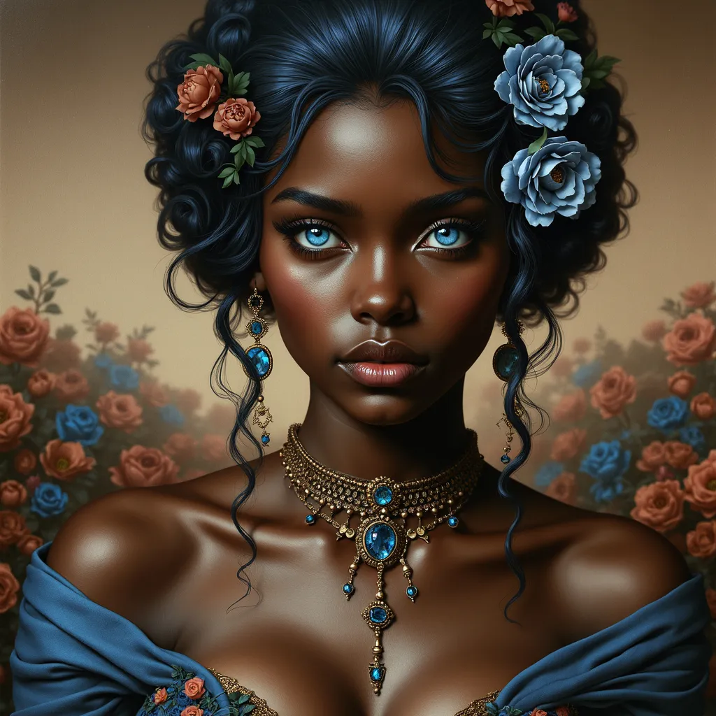 Prompt: a  black woman with a blue eyes wearing a blue  dress and a flower in her hair and a necklace with flowers in her hair, Artgerm, fantasy art, highly detailed digital painting, a photorealistic painting