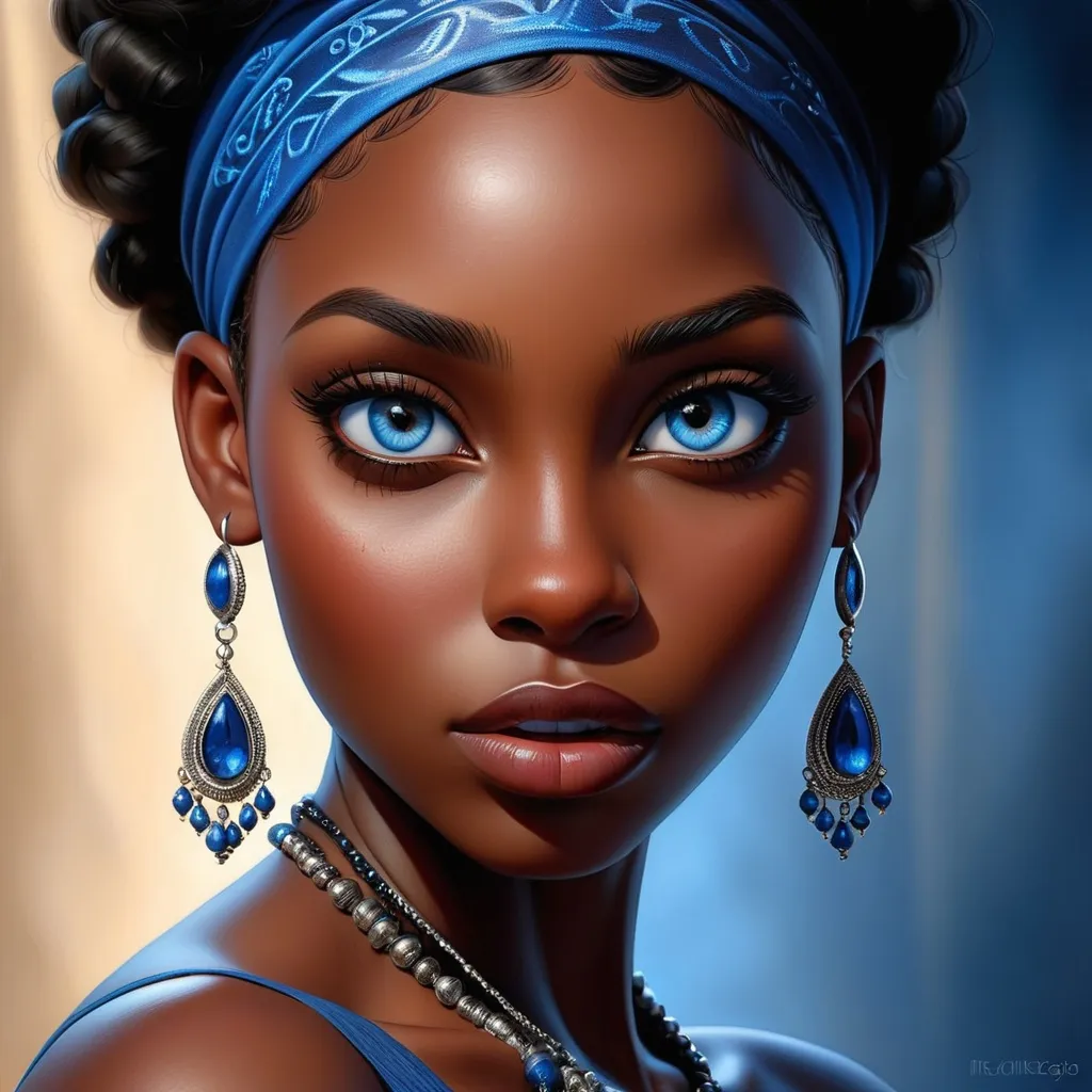 Prompt: Portrait of a black woman with very dark complexion and piercing blue eyes, pretty makeup, realistic painting, detailed features, high quality, realistic, dark skin, striking blue eyes, intense gaze, realistic painting, detailed facial features, professional, realistic lighting, dramatic contrast