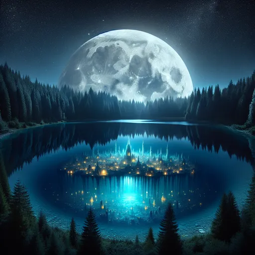 Prompt: A serene, moonlit lake in a magical forest, where the reflection of the moon reveals a hidden underwater city, illuminated by soft, ethereal lights.