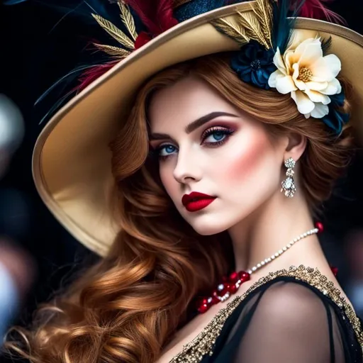 Prompt: <mymodel>fashionable 1st class  female passenger on the Titanic, pale skin, dark styled hair, large lips,  looking sad, facial closeup, vibrant colors, red dress and elaborate hat with feathers