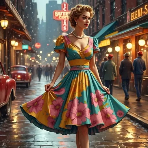 Prompt: This is a highly detailed, digitally created artwork depicting a vintage-style scene set in a rainy urban street at night. The central figure is a woman with fair skin and a curvy, hourglass figure, standing confidently in the middle of a wet, reflective sidewalk. She has voluminous, curled blonde hair styled in a classic 1950s updo. She is wearing a colorful, knee-length, V-neck dress with short sleeves, featuring a vibrant floral pattern with large pink and orange flowers on a teal and yellow background. The dress has a fitted bodice with a decorative belt and a full, flared skirt that she holds slightly out to the sides, showcasing its volume.

She accessorizes with a pearl necklace and small, round earrings. Her makeup is glamorous, with red lipstick and subtle eye makeup. The background includes blurred, illuminated storefronts and signs, with warm, yellow lights reflecting off the wet pavement. There are a few classic cars parked along the street, including a red car on the left. Raindrops are visible, adding a sense of movement and texture to the scene. The overall style of the artwork is reminiscent of mid-20th century pin-up art, with a modern, digital twist.