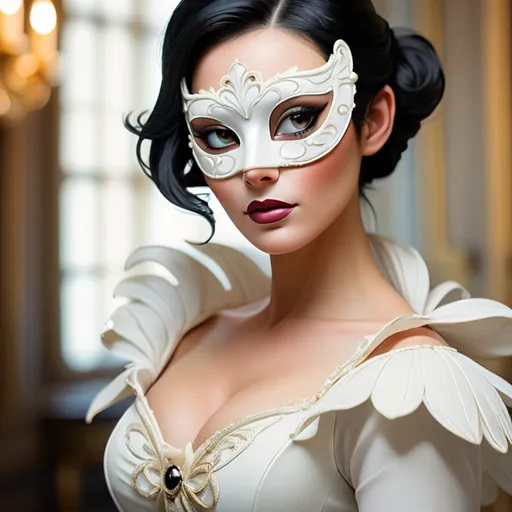 Prompt: white masquerade mask worn by an elegant lady with black hair, facial closeup