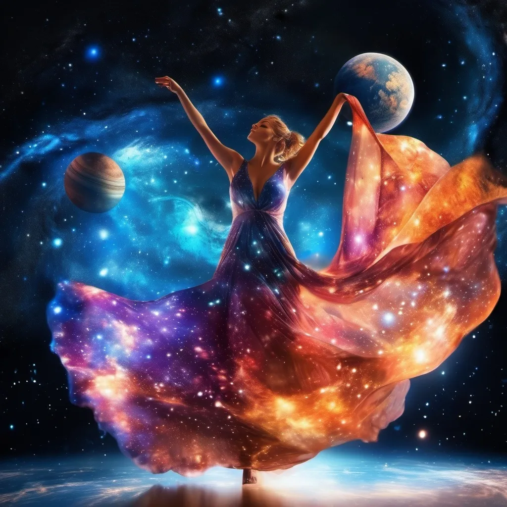 Prompt: A Goddess in a flowing dress, incredible all body form of a incredible bodied, incredibly beautiful faced woman with a buxom perfect body falling backwards through space, nebulas, stars, planets, the milky way and galaxies