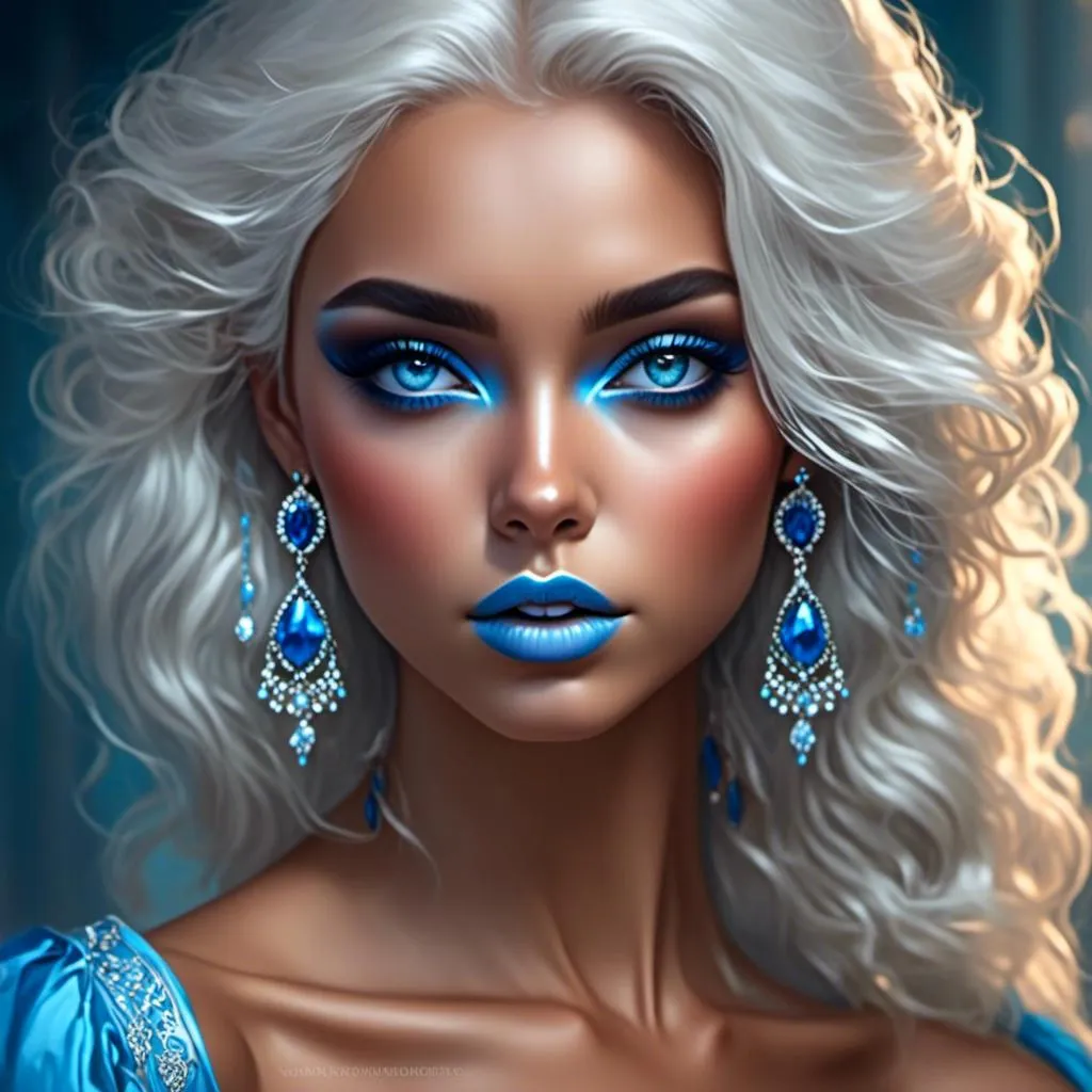 Prompt: <mymodel>A beautiful woman, white hair, blue eyes, blue eyeshadow, blue jewels o