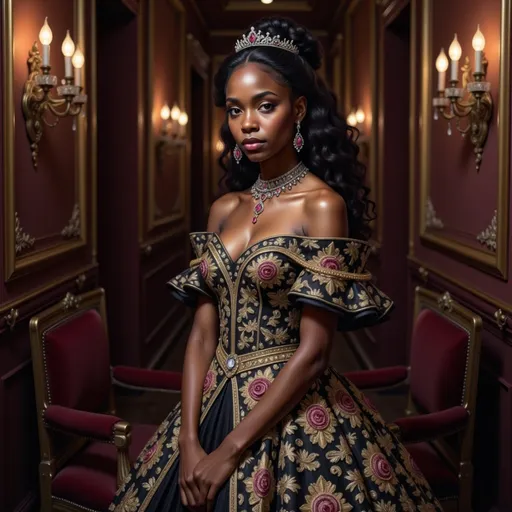 Prompt: Draped in an opulent gown that combines intricate gold and red embroidery with striking black and white elements, a stunning black woman exudes elegance against a lavish backdrop. Her off-shoulder dress features dramatic ruffled sleeves that enhance her poised, regal demeanor, while her hair is styled into a glamorous updo complimented by intricate jewelry, including chandelier earrings and a statement necklace. The scene, set in an elegantly decorated room with rich, dark walls and softly glowing chandeliers, evokes a sense of classic luxury and sophistication. The composition draws focus to her confident expression and the intricate detailing of her attire, suggesting a narrative of beauty and high fashion amidst a divine historical ambiance. A rich color scheme accentuates the opulence of the setting, blending warmth with dramatic contrasts that enhance the overall visual impact.