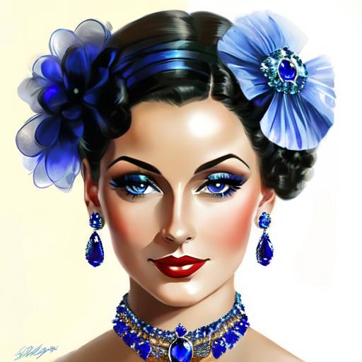 Prompt: Glamorously dressed lady of rhe 1930's wearing sapphire jewelry,blue eyes