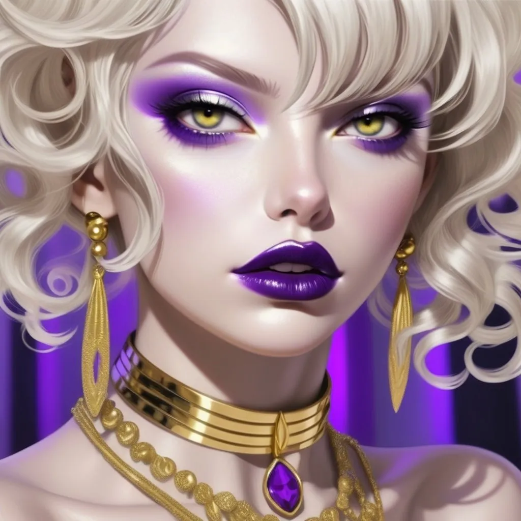 Prompt: Hypnotic bimbo  platinum  blonde   gold lips and purple eyeshadow 