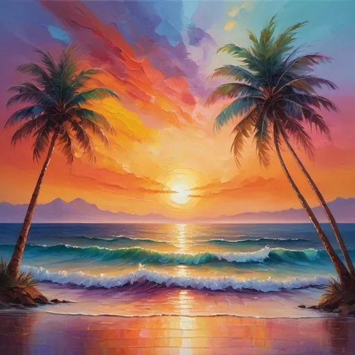 Prompt: Vibrant sunset in rainbow colors, oil painting, calm ocean waves, palm trees silhouetted against the horizon, high quality, impressionism, warm tones, soft and dreamy lighting