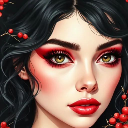 Prompt: This is a hyper-realistic digital portrait of a young woman with a strikingly dramatic and intense look. The subject has light skin and large, almond-shaped, golden-brown eyes that are the focal point of the image. Her eyebrows are thick, dark, and perfectly arched, complementing her bold makeup. The eyelids are adorned with vivid, bright red eyeshadow that extends to the inner corners of her eyes, blending into a lighter shade towards the outer edges. Her long, thick eyelashes are coated in red mascara, matching the eyeshadow. Her cheeks are flushed with a soft pink blush, and her lips are painted a glossy, vibrant red. She has voluminous, tightly curled black hair that frames her face, with a few red berries subtly peeking through her hair on the left side. The background is a solid black, which contrasts sharply with her bright makeup and light skin, making her features pop. The overall style of the portrait is highly stylized and dramatic, with a focus on bold, contrasting colors and exaggerated makeup elements, creating a striking and memorable visual impact. The texture of the portrait is smooth and polished, typical of digital art.