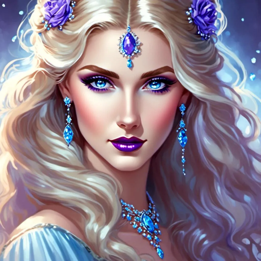 Prompt: <mymodel>Beautiful ethereal woman, long blonde hair,and icy blue eyes color, purple lipstick, facial closeup