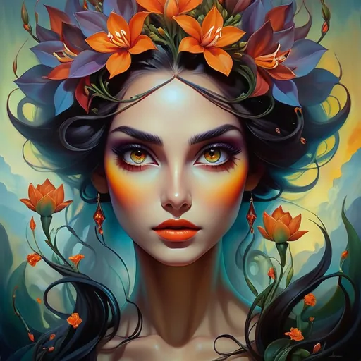 Prompt: Beautiful  hybrid woman with flowers sprouting from her, oil painting, detailed fiery eyes, ethereal glow, dark and mysterious, high quality, vibrant colors, surreal, haunting, intricate floral details, intense gaze, mystical atmosphere, oil painting, demon, hybrid, fiery eyes, ethereal, vibrant colors, surreal, haunting, floral details, intense gaze, mystical atmosphere