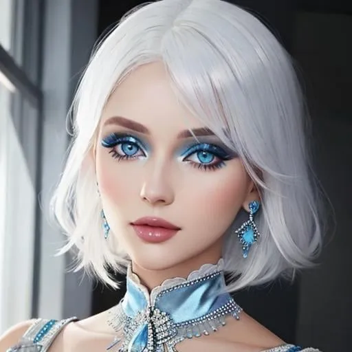 Prompt: A beautiful woman, white hair, blue eyes, blue eyeshadow, blue jewels o