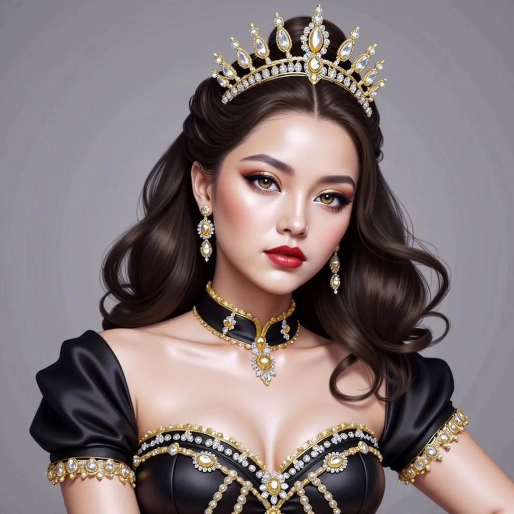 Prompt: <mymodel> a woman in a red dress with gold trimmings and a tiara on her head and shoulders, Chen Hong, fantasy art, highly detailed digital painting, a detailed painting