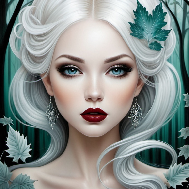 Prompt: The beautiful young lady with blowing platinum hair illustration art by Lori Earley, Daria Endresen, Tristan Eaton. Whimsical forest background, Extremely detailed, intricate, beautiful. 
