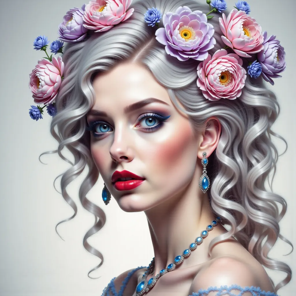 Prompt: a painting of a woman in a blue dress with flowers in her hair and a necklace on her neck, Anne Stokes, fantasy art, highly detailed digital painting, a detailed painting