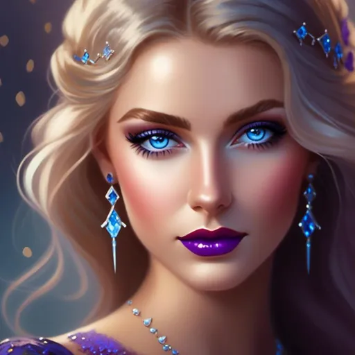 Prompt: <mymodel>Beautiful ethereal woman, long blonde hair,and icy blue eyes color, purple lipstick, facial closeup