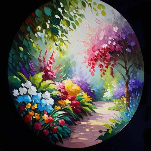 Prompt: Vibrant oil painting of a lush garden, rich and varied colors, thick brushstrokes, high quality, impressionist, lively and dynamic composition, floral abundance, detailed petals and leaves, professional, warm lighting, oil painting, colorful, vibrant, floral abundance, thick brushstrokes, dynamic composition, high quality