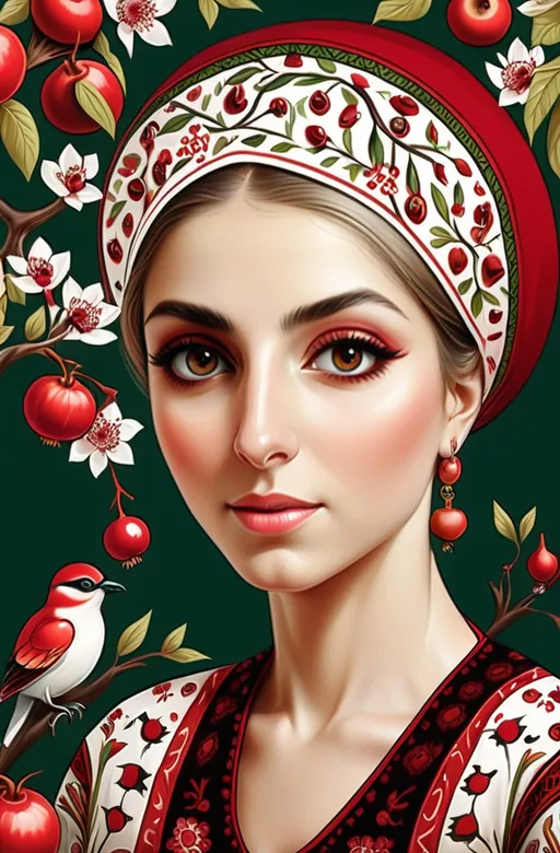 Prompt: A colorful design in the dimensions of 140centimeteres by 140 centimeters. It's main theme is red and white. There are pomegranates and cherry blossoms. with some green leaves and branches. It has some birds. Traditional Iranian style