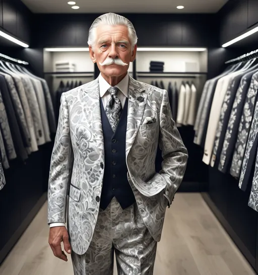 Prompt: Standing with a commanding presence, an elderly gentleman exudes sophistication in an intricately patterned suit that displays a mix of white and gray tones adorned with floral designs. His neatly styled silver hair contrasts sharply with his bushy white mustache, enhancing his distinguished appearance. The man stands confidently in a modern clothing boutique, surrounded by neatly arranged suits on racks, hinting at a refined, upscale environment. The lighting is soft yet focused, accentuating the details of his attire and the texture of the fabrics surrounding him. This scene conveys a sense of elegance and timeless style, capturing an interplay of tradition and contemporary fashion.