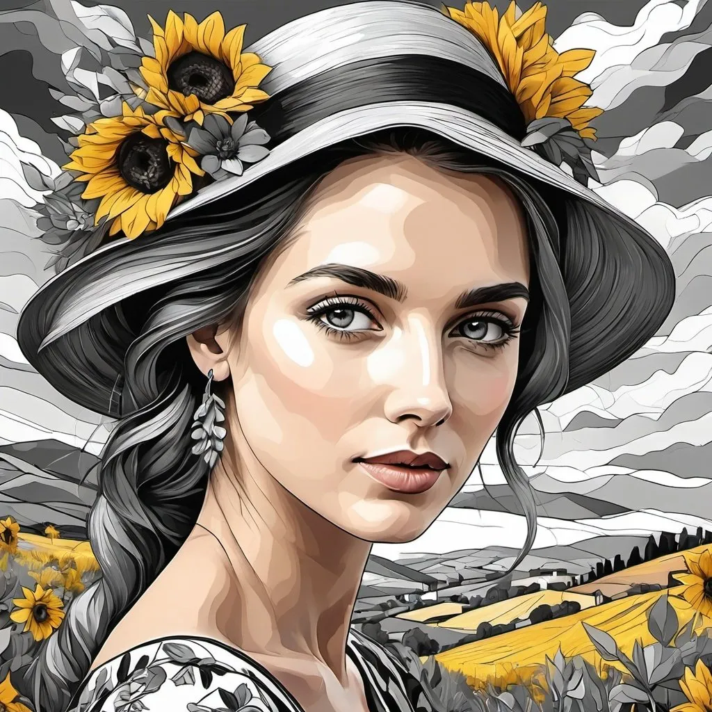 Prompt: <mymodel>Beautiful italian lady in an beautiful landscape of Umbrië, Style Flora Bowley and Vincent van Gogh,8k, dynamic lighting, ultra detailed