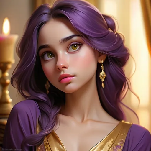 Prompt: beautiful young ,serene expression, detailed features, high quality, realistic, warm tones, soft lighting, elegant composition, dressed in purple and gold