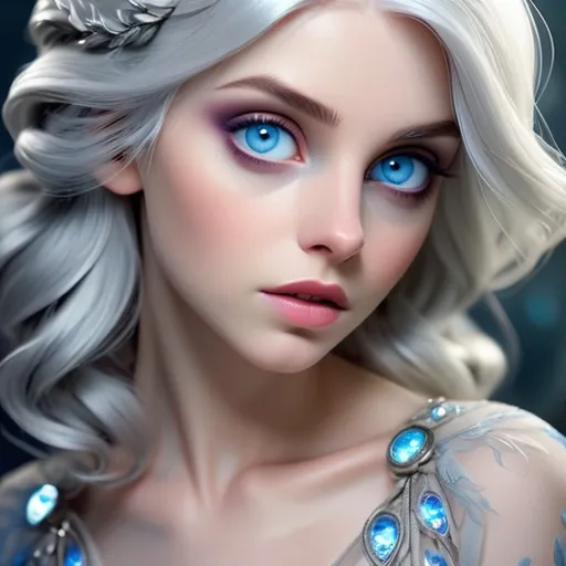 Prompt: Pale woman with silver hair, mystic blue eyes, pretty makeup, high quality, detailed portrait, realistic, cool tones, ethereal lighting
