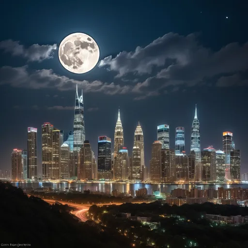 Prompt: A luminous full moon casts an ethereal glow over a striking city skyline, dominated by the towering presence of skyscrapers that shimmer against the deep blue night sky. Clouds gently drift past the moon, adding an element of drama to the scene, while the buildings below reflect a vibrant array of lights in various colors, highlighting their architectural brilliance. The city sprawls below, with busy roads creating flowing trails of light, suggesting movement and life in the nighttime environment. This composition captures a blend of natural beauty and urban modernity, evoking a sense of wonder and tranquility amidst the hustle of city life. The contrast between the bright moon and the illuminated structures conveys a magical ambiance, inviting viewers to immerse themselves in this nocturnal landscape.