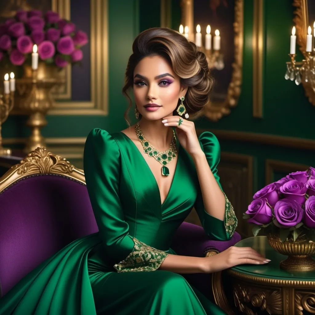 Prompt: Elegantly poised in a lavishly decorated room, a stunning woman embodies grace and regal charm. Dressed in a deep green gown adorned with intricate purple roses, she showcases an elaborate necklace that sparkles with emeralds, complementing her striking makeup that highlights her expressive features and curls cascading elegantly around her shoulders. The backdrop is rich with deep green walls and golden accents, illuminated by soft candlelight that adds a warm glow, enhancing the opulence of the setting. With a serene yet captivating expression, she captures the essence of royalty, exuding confidence and allure in a moment caught between fantasy and reality.