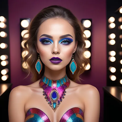 Prompt: (Mesauda full face makeup), vibrant colors, (flawless skin), artistic application, bold eye makeup, captivating lips, glamorous lighting, beauty arrangement, (high-definition), detailed textures, luxurious aesthetics, contemporary look, beauty theme, dynamic composition, expressive showcase, photography style for makeup display.