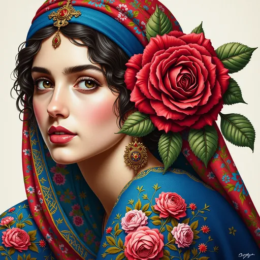 Prompt: a painting of a woman with a red headband and a blue dress and a red rose in her hair, Altoon Sultan, qajar art, highly detailed digital painting, a detailed painting