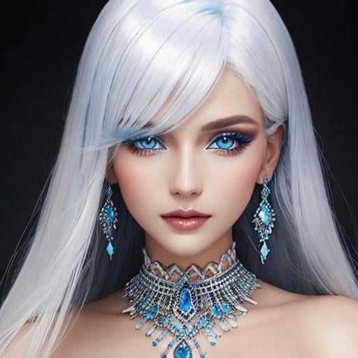 Prompt: A beautiful woman, white hair, blue eyes, blue eyeshadow, blue jewels o