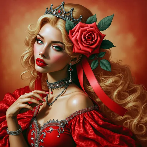 Prompt: a blonde woman with a tiara and a red dress on her head is wearing a red rose in her hair, Charlie Bowater, fantasy art, highly detailed digital painting, a photorealistic painting