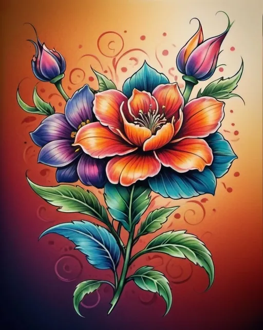 Prompt: Colorful flower tattoo, realistic style, vibrant colors, detailed petals and leaves, high quality, professional, intricate design, floral pattern, vibrant hues, detailed shading, artistic, realistic lighting, precise linework, botanical art, artistic, high resolution, beautiful composition, rich and vibrant tones