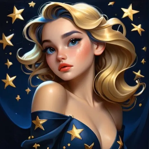 Prompt: <mymodel>a beautiful girl on a dark blue background with gold stars in her hair, shimmer, glow, stars, wavy hair, euphoria makeup, highly detailed girl by artgerm and Edouard Bisson, highly detailed oil painting, portrait of a beautiful person, art by Stanley Artgerm, Charlie Bowater, Atey Ghailan and Mike Mignola,