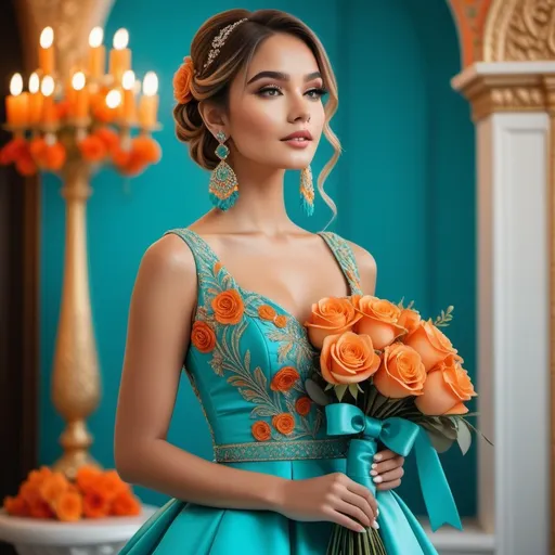 Prompt: Bathed in soft, ambient light, a stunning young woman stands poised, exuding elegance in a lavish turquoise gown adorned with intricate orange embroidery and floral accents. Her flawless features are complemented by a delicate hairstyle, embellished with a vibrant orange flower, and she wears elegant earrings that echo the colors of her attire. In her hands, she holds a bouquet of lush roses in shades of turquoise and orange, perfectly matched to her gown. The backdrop features ornate architectural elements, with soft candlelight flickering nearby and vibrant orange decor, creating a warm, celebratory atmosphere that speaks to an exquisite event or festive occasion. The overall composition radiates beauty and sophistication, capturing a moment of enchanting grace.