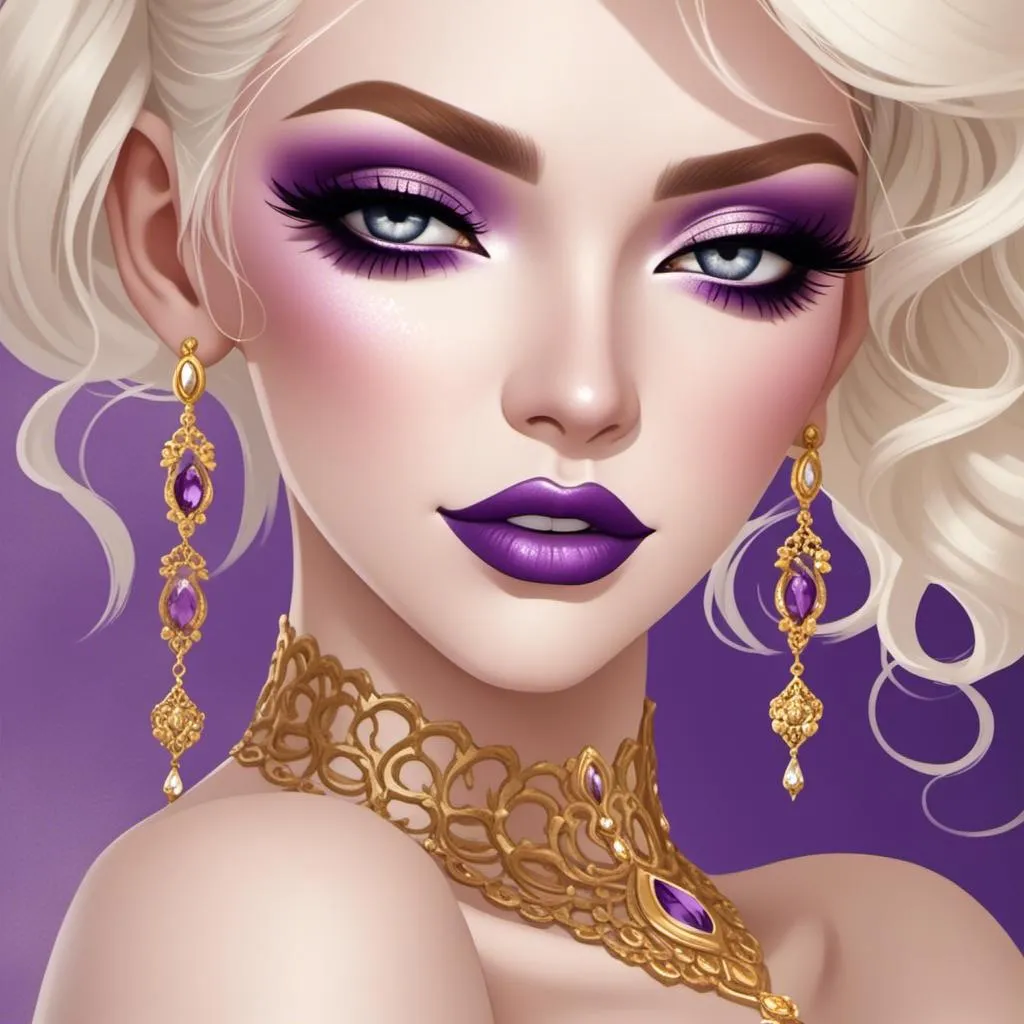 Prompt: <mymodel>Hypnotic bimbo  platinum  blonde   gold lips and purple eyeshadow 