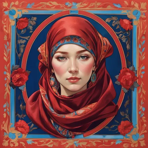 Prompt: a painting of a woman with red hair and a red head scarf with flowers on it, in a circle, Elina Karimova, qajar art, art nouveau fashion embroidered, a silk screen