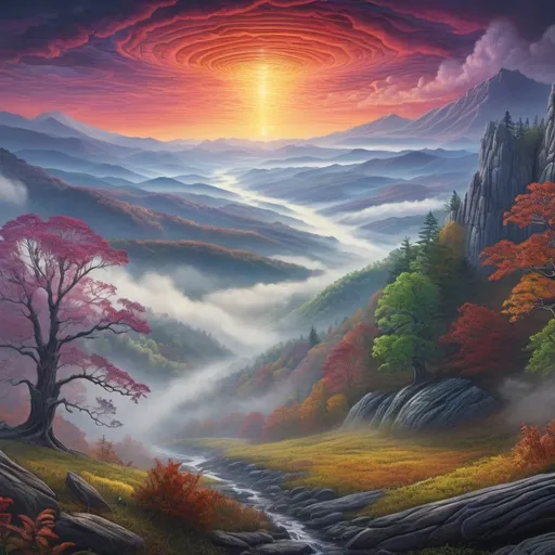 Prompt: (breathtaking landscape of Appalachia), (influenced by Alex Grey and Mr. Cartoon), vibrant colors, surreal details, Appalachian Mountains in the background, (historically accurate elements), vivid and dynamic composition, ethereal atmosphere, .