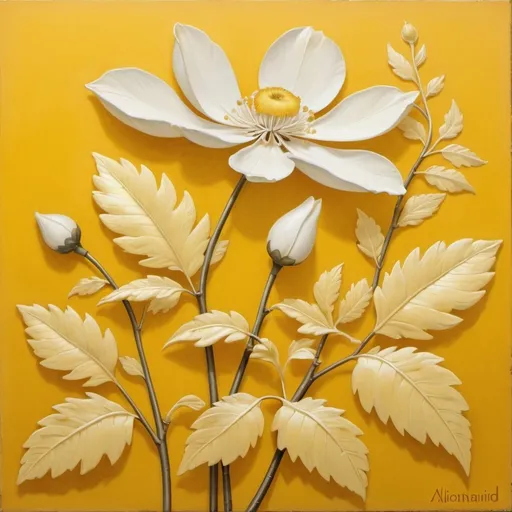 Prompt: a white flower with yellow leaves on a yellow background with a yellow background and a white flower with yellow leaves on a yellow background, Alison Kinnaird, art deco, exquisite detail, an art deco painting